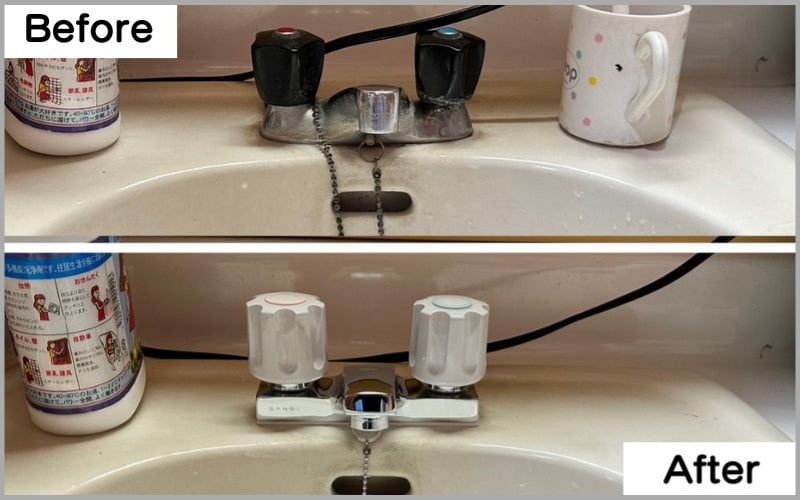 洗面台の給水ホースからの水漏れ修理と蛇口交換
